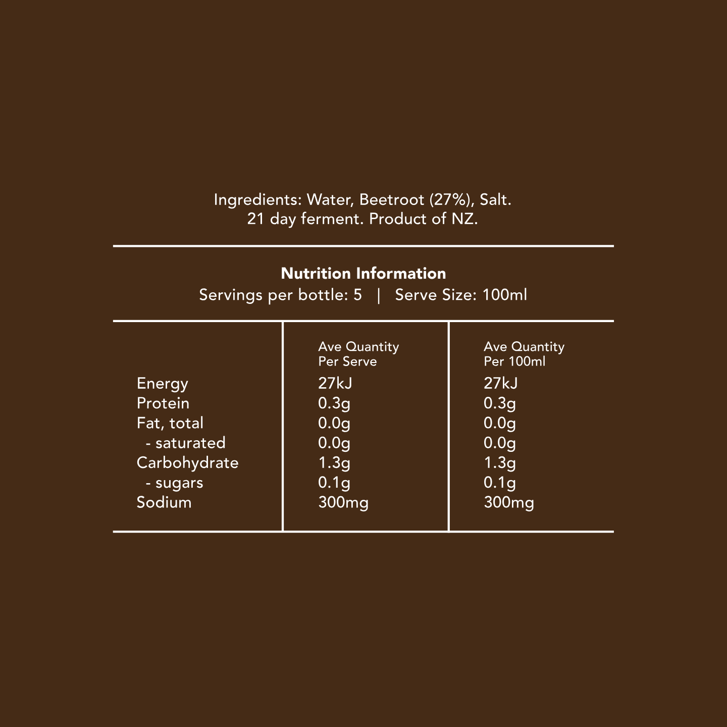 Nutrition information and ingredient list on a brown background