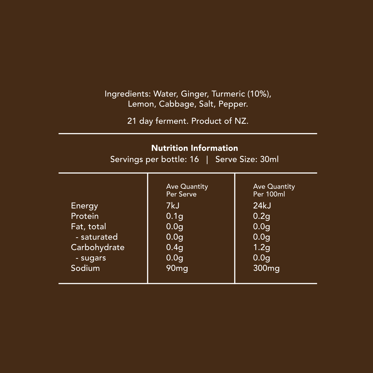 Nutrition information and ingredient list on a brown background